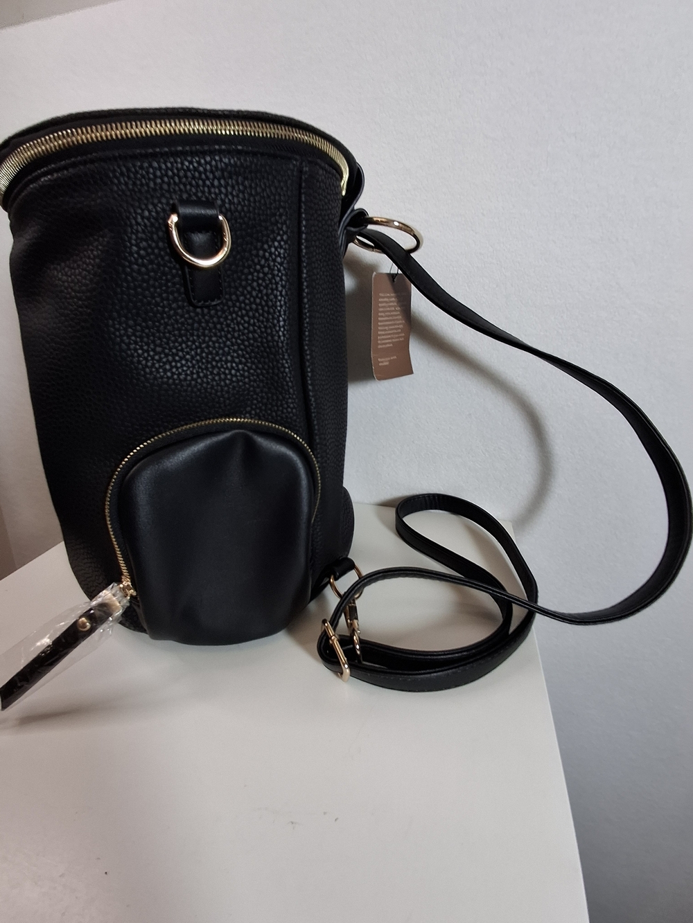 SWG Black Pebbled Sling Barrel Backpack with Gold Accents - Picture 4 of 11